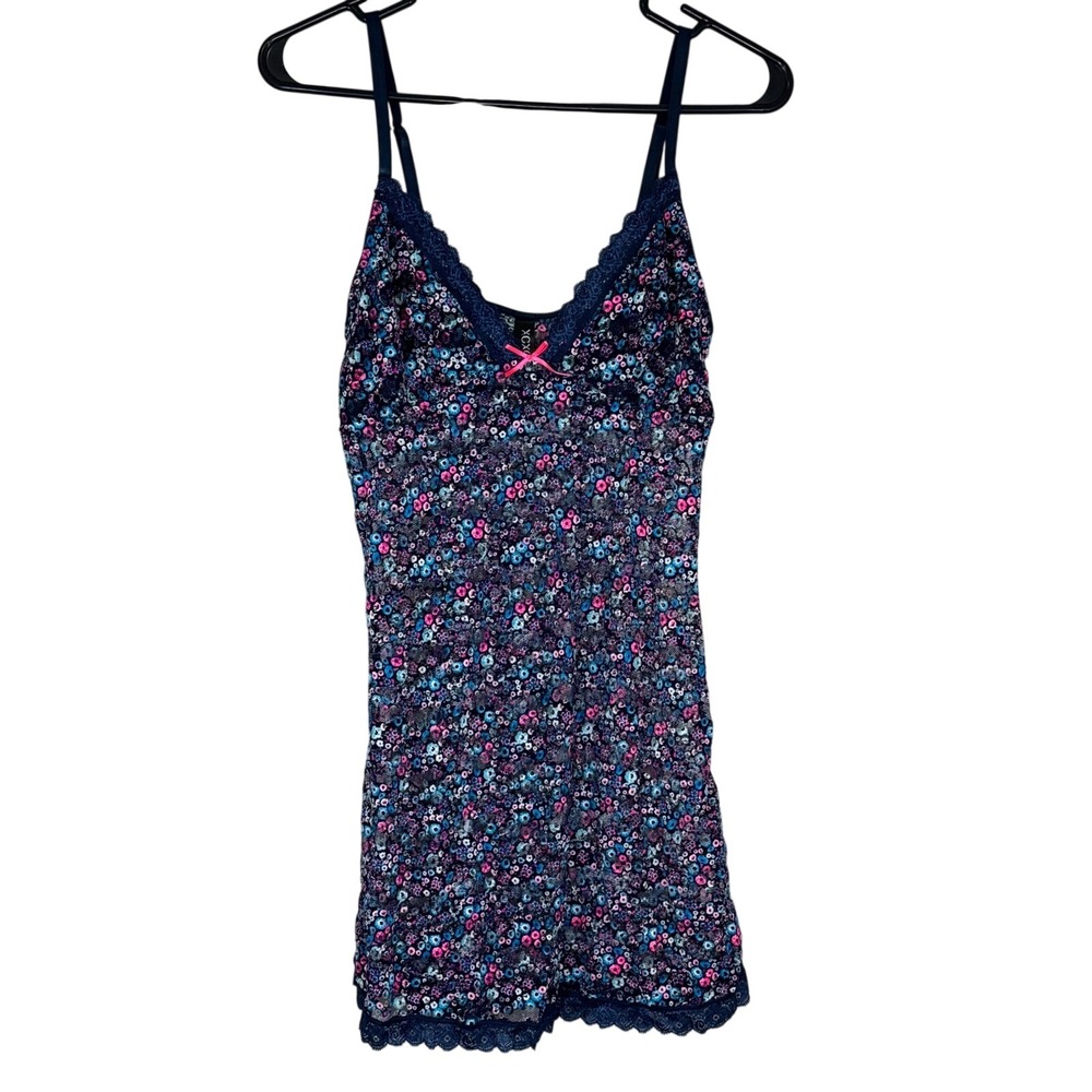 XOXO Y2K Blue‎ Floral Print Sleeveless Lace Trim V-Neck Cami Slip Mini Dress L